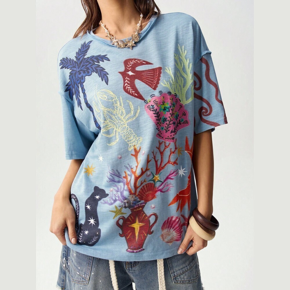 Blue Coastal Print Oversized Tee - Coral & Shell Graphic Knit